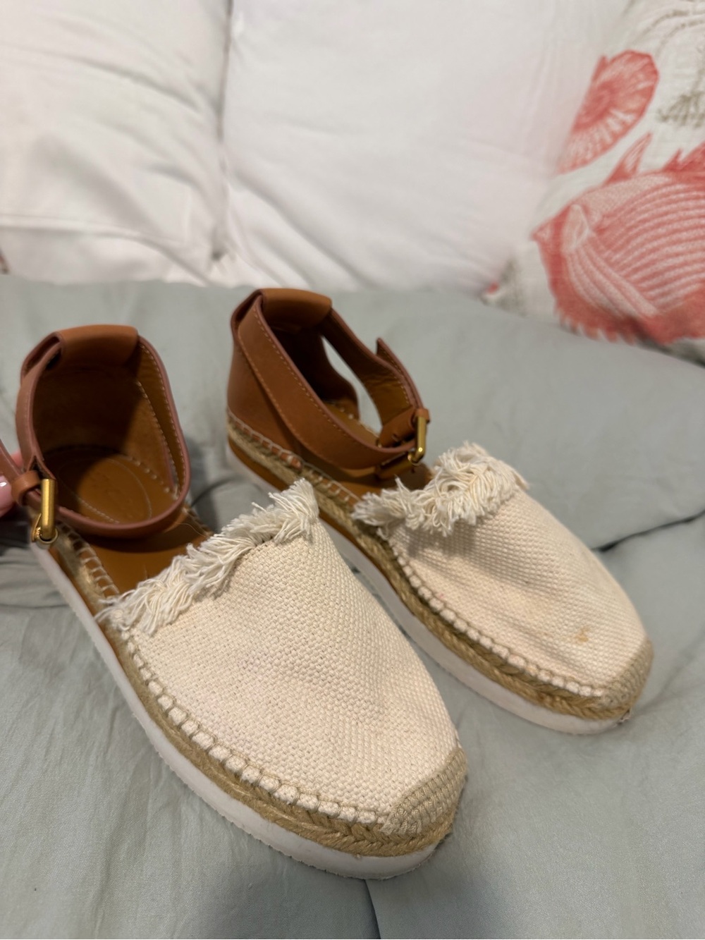 See By Chloe Cream Canvas Espadrille Sandals with Brown Ankle Strap